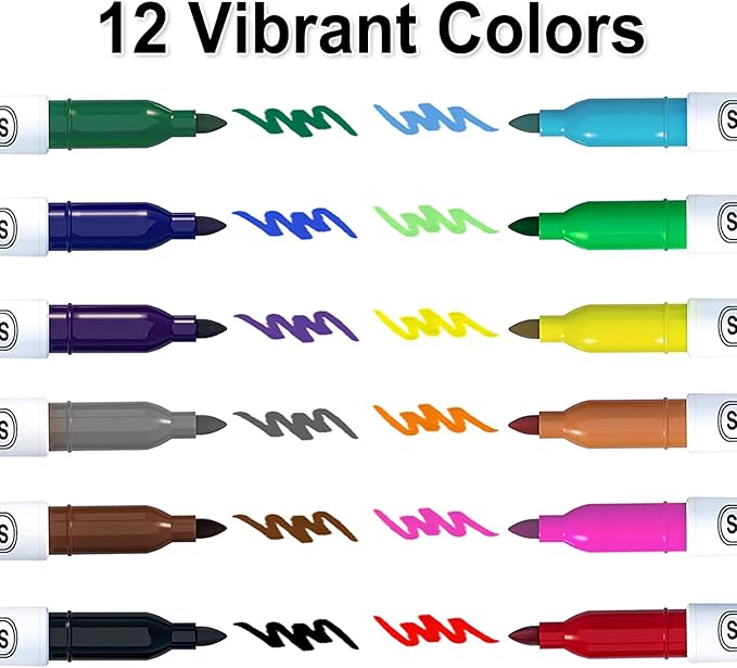Shuttle Art 144 Pack Permanent Markers, Permanent Marker Assorted Colors, 12 Bright Colors Fine Point Permanent Markers For Kids and Adult Coloring on Wood, Stone, Glass as Office, School Supplies