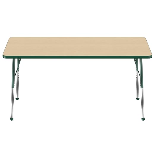 FDP Rectangle Activity School and Office Table (30 x 60 inch), Standard Legs with Ball Glides, Adjustable Height 19-30 inches - Maple Top and Green Edge
