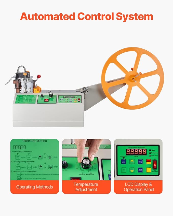 VEVOR Automatic Webbing Cutting Machine, Hot and Cold Ribbon Cutting Machine with Adjustable Temperature and LCD Display, Auto Zipper Tapes Cutter for Nylon Webbing, Elastic Bands, Shoelaces