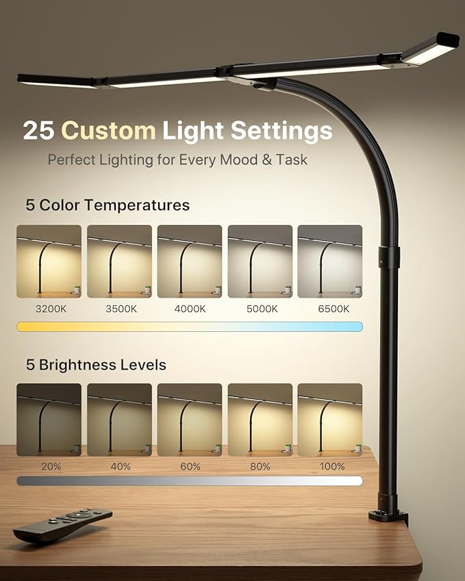 42" LED Desk Lamp with Clamp, Architect Desk Light with Remote, Adjustable 4-Segment Bar, 1800LM Bright, Eye-Caring Desk Lamp for Home Office, Reading, Study, Dual Monitors, Workbench (Black)