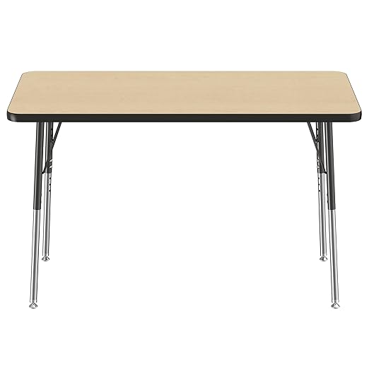 FDP Rectangle Activity School and Office Table (24 x 48 inch), Standard Legs with Swivel Glides, Adjustable Height 19-30 inches - Maple Top and Black Edge