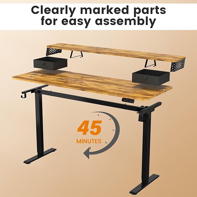 Standing Desk With Drawers and Brushless Motor,Electric Height Adjustable desk for Walking Pad,Ergonomic Stand Up Desk for Home Office & Gaming,3 Memory Height Preset & Hooks(48" x 24",Rustic Brown)