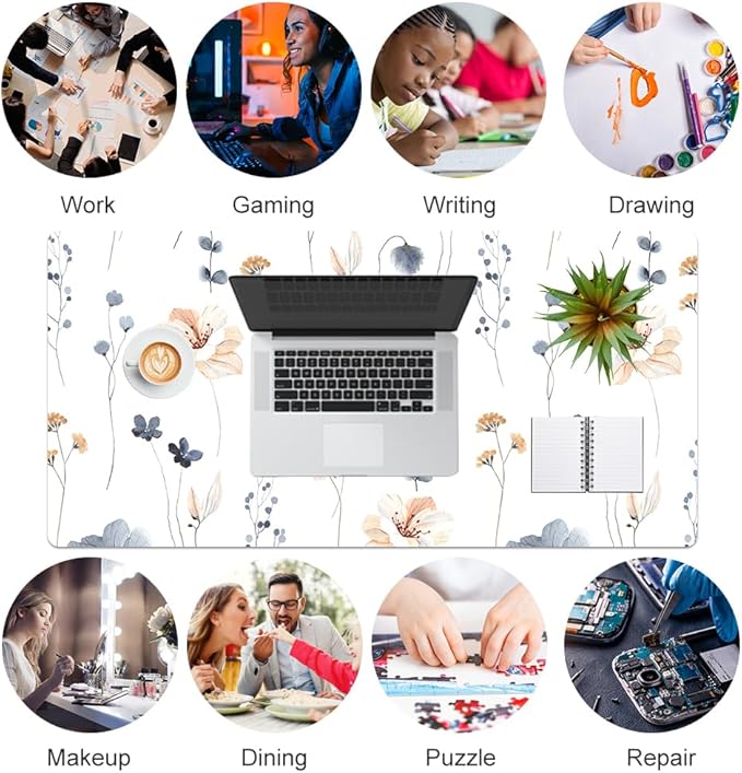 QIYI Large Mouse Pad, Floral Desk Mat for Desktop, Women Girls PU Leather Waterproof Gaming Mousepad, Computer Laptop Flower Desk Accessories Protector Writing Pad for School Office Home 31.5" x 15.7"