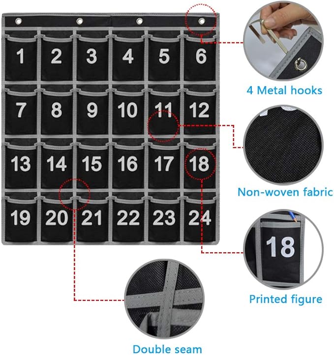 Godery Numbered Classroom Pocket Chart for Cell Phone, Hanging Wall Organizer & Pocket Chart Holder for Key, ID Cards, Pen and More (24 Pocket)