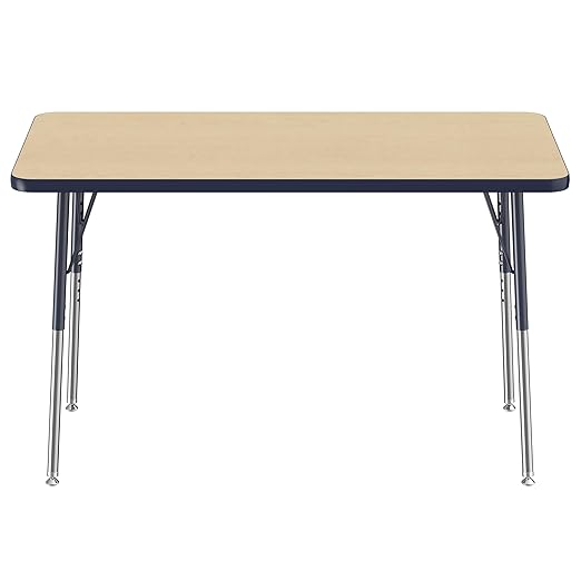 FDP Rectangle Activity School and Office Table (24 x 48 inch), Standard Legs with Swivel Glides, Adjustable Height 19-30 inches - Maple Top and Navy Edge