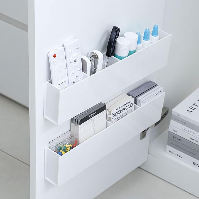 4 Pack Adhesive Storage Organizer for Wall and Cabinet, Plastic Holder for Kitchen, Pantry, Home Office Supplies, Marker Pen, Remote Control, Locker and Bathroom Accessories, White