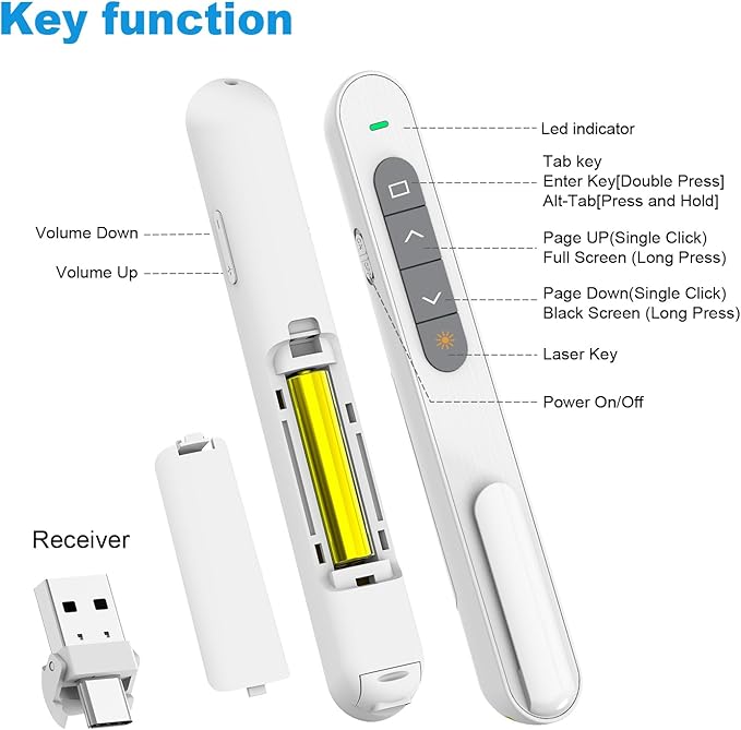 QUI Presentation Clicker for PowerPoint, RF 2.4GHz USB C Wireless Presenter Remote with Volume Control, PowerPoint Clicker Slide Advancer for Mac, Windows, Laptop, Keynote