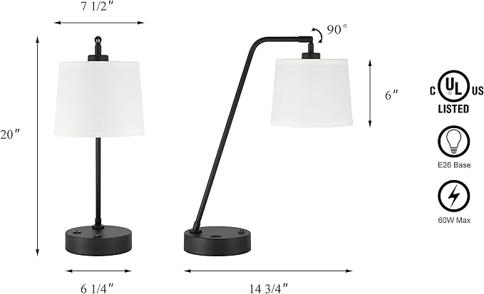 XiNBEi Lighting Black Desk Lamp, Nightstand Lights with USB Port Industrial Adjustable Shaded Table Lamps for Living Room Bedroom Reading Office XB-TL282-MB