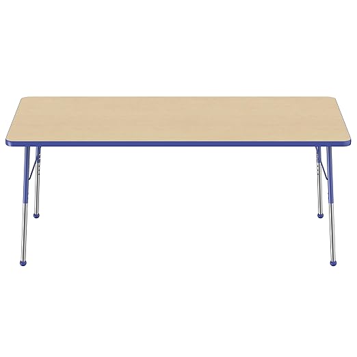 Factory Direct Partners FDP Rectangle Activity School and Office Table (36 x 72 inch), Standard Legs with Ball Glides, Adjustable Height 19-30 inches - Maple Top and Blue Edge