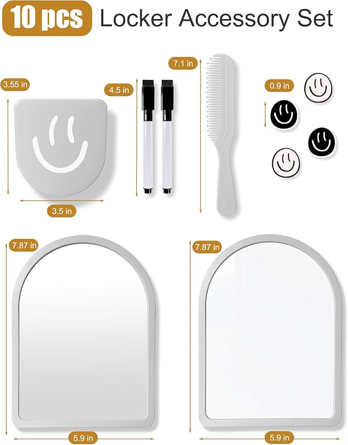 KEYDUACU 10 pcs - Locker Accessories, Locker Decorations Including Mirrors, whiteboards, Magnets and organizing Supplies. Ideal for Back-to-School Essentials and The Office (10 Pcs-Light Gray)