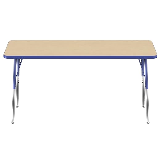 Factory Direct Partners FDP Rectangle Activity School and Office Table (24 x 60 inch), Standard Legs with Swivel Glides, Adjustable Height 19-30 inches - Maple Top and Blue Edge