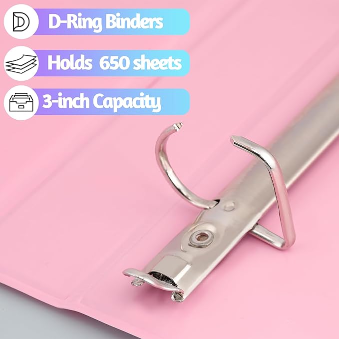 Zzrywuty Durable 3 Ring Binder, 3 Inch, Economy 4 Pack, Each Holds 675 Pages, D-Ring Presentation View Binders for Office, School, Home (Pastel Assortment)