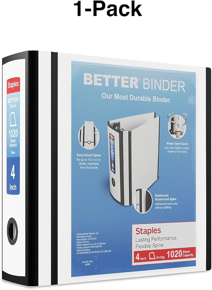 Staples 1618005 Better 4-Inch 3 Ring View Binder White
