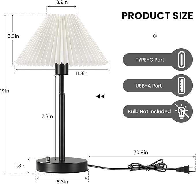 Bedside Table Lamp Set of 2: Dimmable Nightstand Bedside Lamps with USB A and C Ports, Modern Metal and Pleated Fabric Shade Black Desk Lamp for Bedroom Living Room Home Office Reading