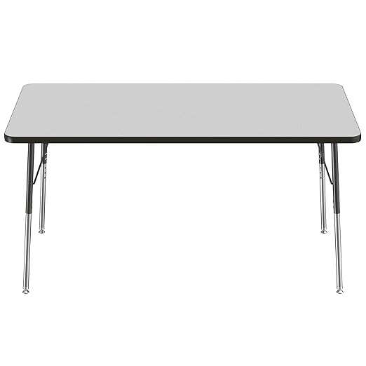 FDP Rectangle Activity School and Office Table (36 x 60 inch), Standard Legs with Swivel Glides, Adjustable Height 19-30 inches - Gray Top and Black Edge