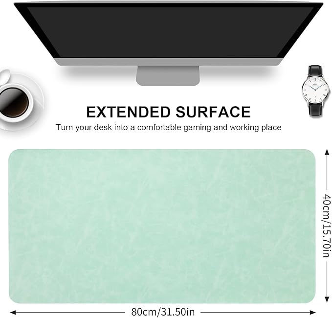 Crazy Horse Leather Desk Mat Large Mouse Pad Laptop Computer Desk Pad Protector Non-Slip Waterproof Table Blotter Desktop Writing Pad for Office and Home (Light Green, 80x40cm)