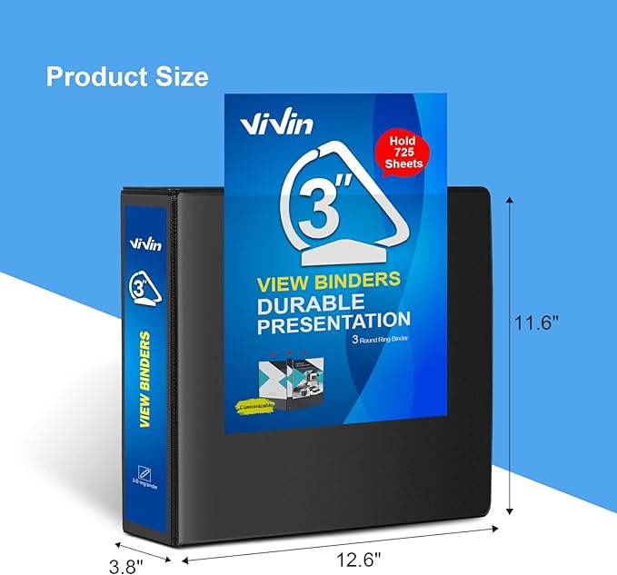ViVin Durable 3 inch D Ring View Binder, Large 3" Slant-D Ring with 725-Sheet Capacity, Fit 8.5" x 11" Paper, 10 Pack(Black)