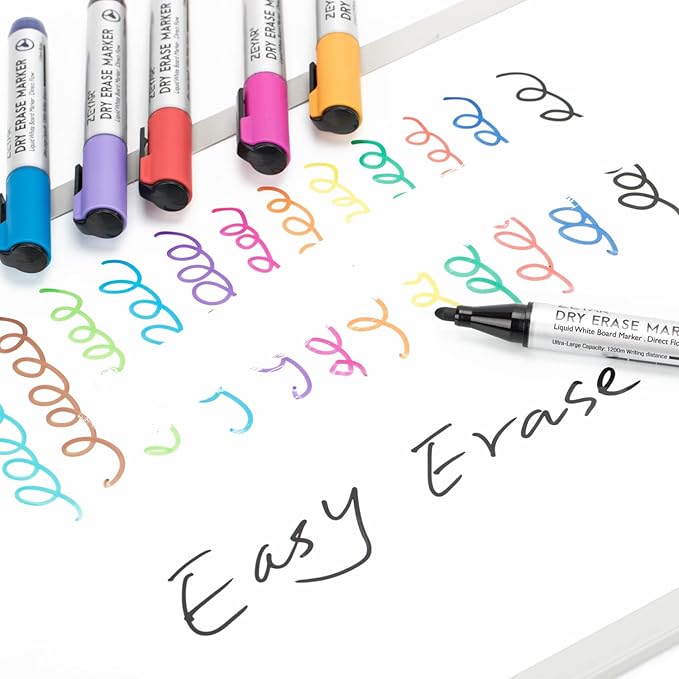 ZEYAR Dry Erase Marker Low-Odor Bullet Tip, Ultra-Large Capacity, Advanced Direct Flow Structure, Whiteboard Marker for School, Office, Home, 4 Count (Black,Blue,Red,Green)