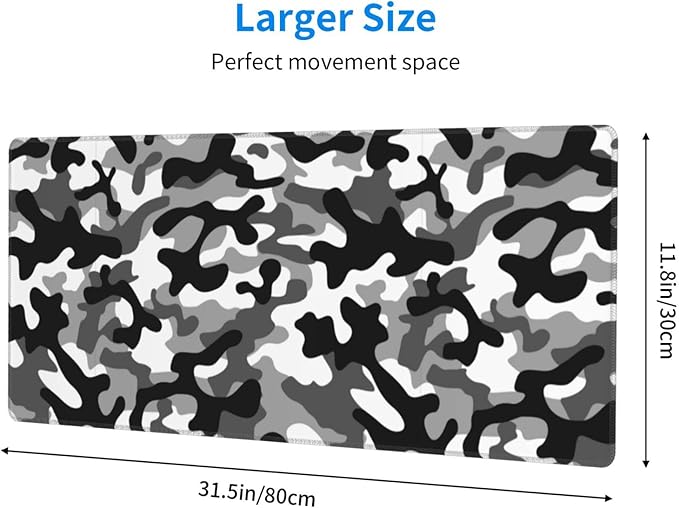 Large Mouse Pad Gaming, Camouflage XL Mousepad, Waterproof Long Stitched Non-Slip Base Computer Keyboard Mats for Desk for Women and Girl School Office Decor, (Black and White, 31.5 * 11.8 Inches)