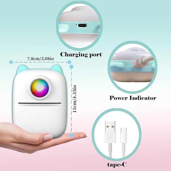 Sticker Printer, Inkless Portable Maker Machine with 11 Rolls Paper, Mini Printer Pocket Thermal Bluetooth Machine with Multiple Templates for Study Notes, Photo, DIY, Gifts for Girls Kids