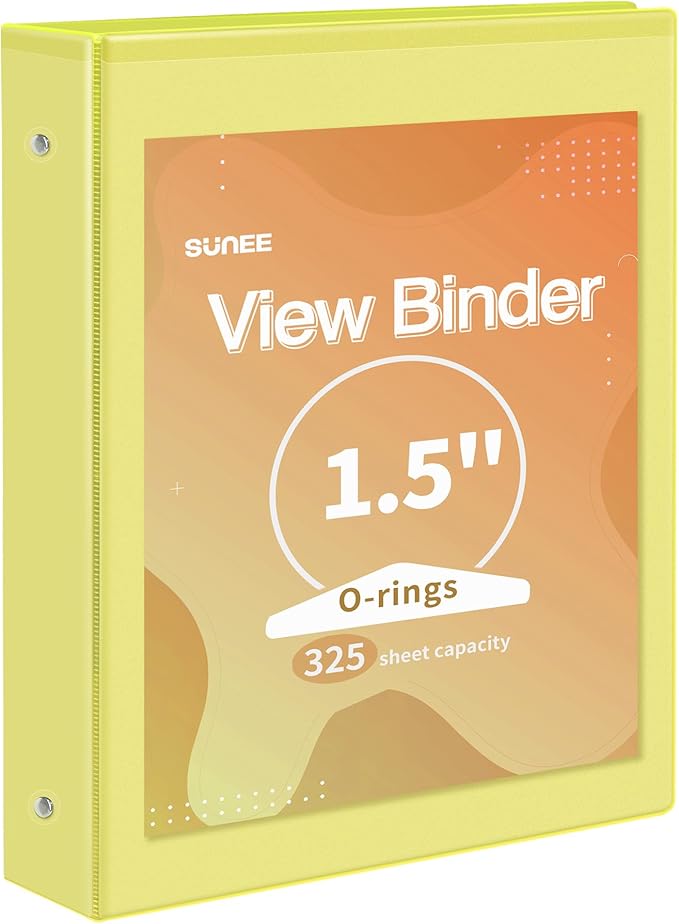 SUNEE 3 Ring Binder 1.5 Inch 1 Pack, Clear View Binder Three Ring PVC-Free (Fit 8.5x11 Inches) for School or Office Supplies, Yellow