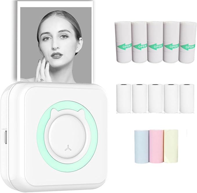 Mini Sticker Printer - Wireless, Portable with 10 Rolls Thermal Paper, Bluetooth Inkless Sticker Printer for Journal, Memo, Photo, DIY, Work, Gifts (Blue)