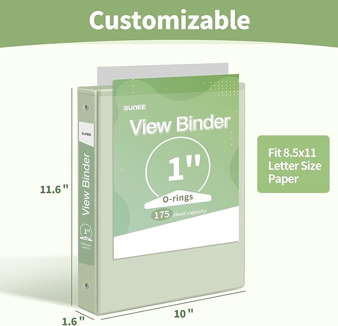 SUNEE 3 Ring Binder 1 Inch 1 Pack, Clear View Binder Three Ring PVC-Free (Fit 8.5x11 Inches) for School or Office Supplies, Green