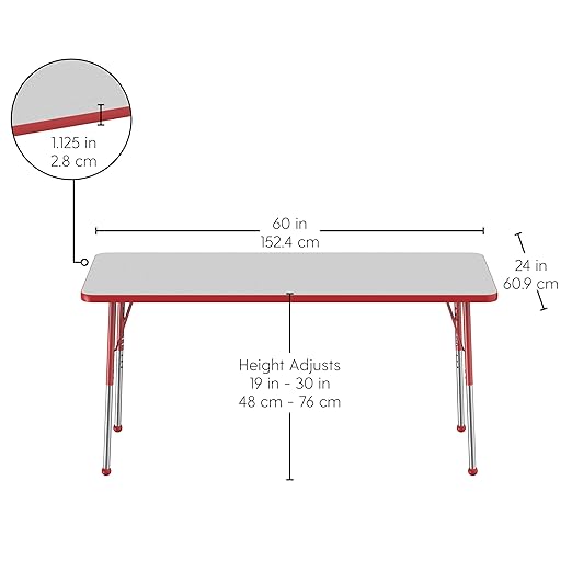 FDP Rectangle Activity School and Office Table (24 x 60 inch), Standard Legs with Ball Glides, Adjustable Height 19-30 inches - Gray Top and Red Edge