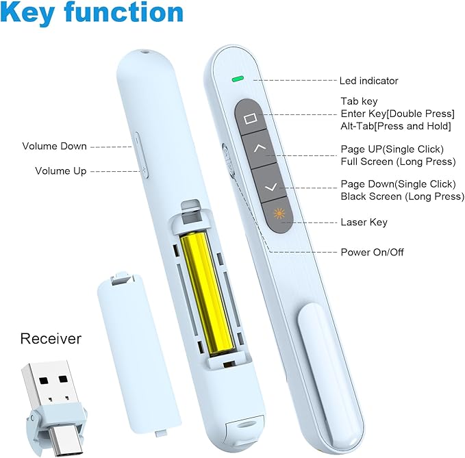 QUI Presentation Clicker for PowerPoint, RF 2.4GHz USB C Wireless Presenter Remote with Volume Control, PowerPoint Clicker Slide Advancer for Mac, Windows, Laptop, Keynote