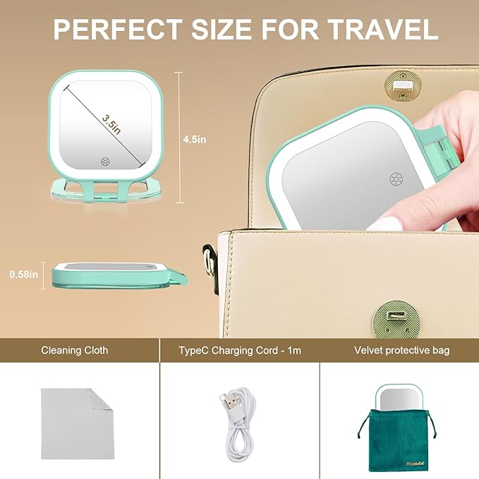 Mocado Compact Travel Makeup Mirror, 1X/20X Magnifying Mirror with Light, Double Sides Compact Mirror with 3 Color Light, Dimmable Handheld Mirror, Rechargeable Travel for Purse,Pocket(Green)