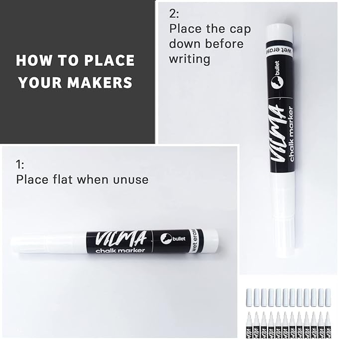 Vilma White Liquid Chalk Markers - Wet Erase, Window Markers for Chalkboards, Blackboards, Glass, 12 Pack