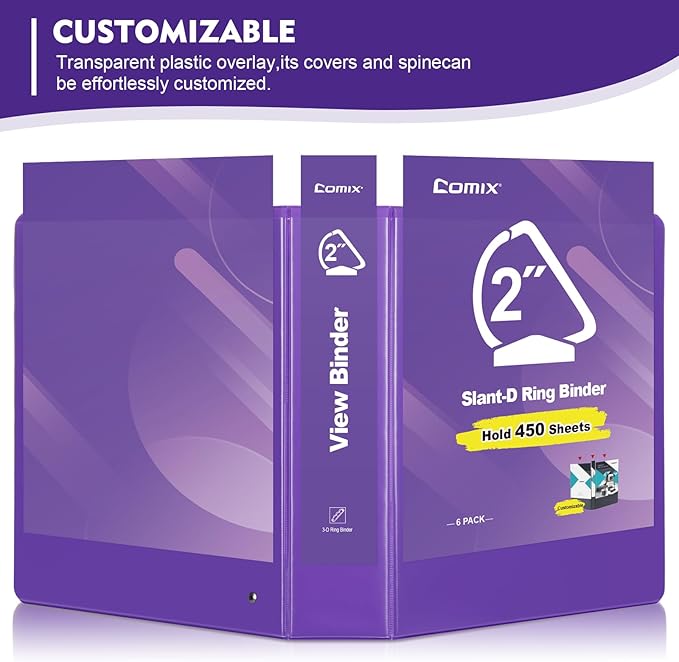 COMIX Sturdy 3 Ring Binder 2 inch with Clear View Cover, 2" Slant-D Ring View Binder Holds 500 Sheets of US Letter Size Paper, 6 Pack (Purple)