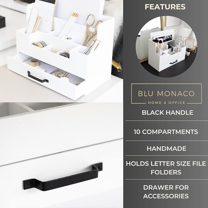 BLU MONACO White Wooden Desk Organizer with Drawer – Office Desk Caddy for Supplies and Accessories – Stylish Desktop Storage for Women
