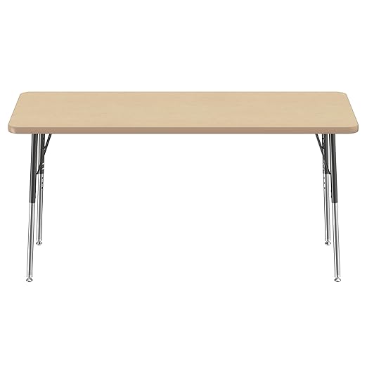 FDP Rectangle Activity School and Office Table (24 x 60 inch), Standard Legs with Swivel Glides, Adjustable Height 19-30 inches - Maple Top and Maple Edge
