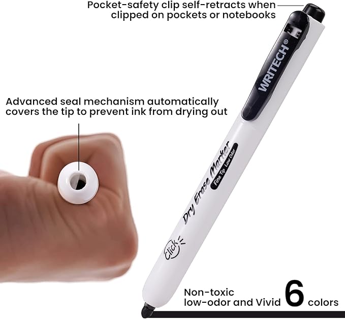 WRITECH Retractable Dry Erase Markers: Fine Point Clickable Colored Ink Marker Low Odor Erasable Thin Tip Refillable Multicolor Whiteboard Marker Pen Set 6ct No Bleed Smear