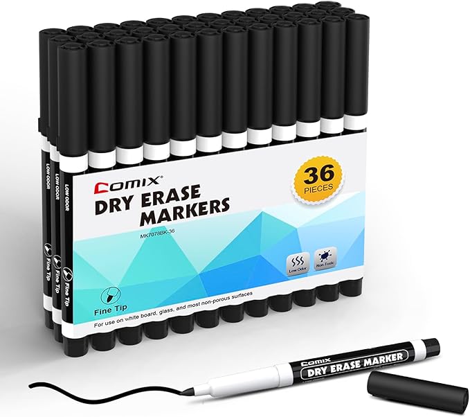 Comix Fine Tip Dry Erase Markers, Low Odor Whiteboard Markers, 36 Bulk Black Color Markers for Kids Teachers Office & School Supplies