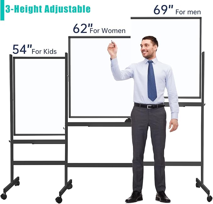 BIBOC Large White Board 32x48 Inches - Mobile Rolling White Board on Wheels, Double-Sided Height Adjustable Dry Erase Whiteboard Wheel with Stand for Office, School, Home-BNK3248WH
