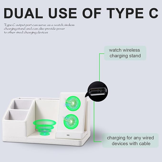 White Leather Desk Organizer with Wireless Charger – 3-in-1 Charging Station for Phone, Watch & Earbuds, 4-Compartment Remote & Office Supplies Caddy for Home Office, Gifts for Women & Men (white)