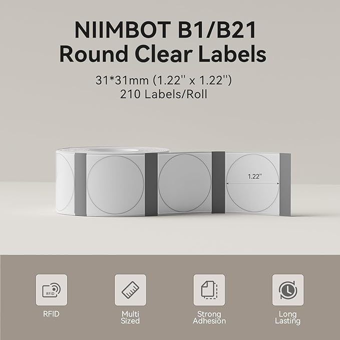 NIIMBOT Label Tape for B1/B21/B3S, 1.2" X 1.2" (31x31mm), 210 Labels/Roll, Round Clear Label for Marson Jar/Spice/Barcode/QR Code