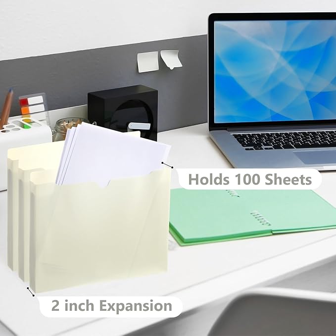 50 Pack 2 Inch Expanding Manila Plastic File Jackets Expandable Folders Heavy Duty 2 Inch Expansion Pocket File Folders Reinforced Straight-Cut Tab (Classic,Beige)