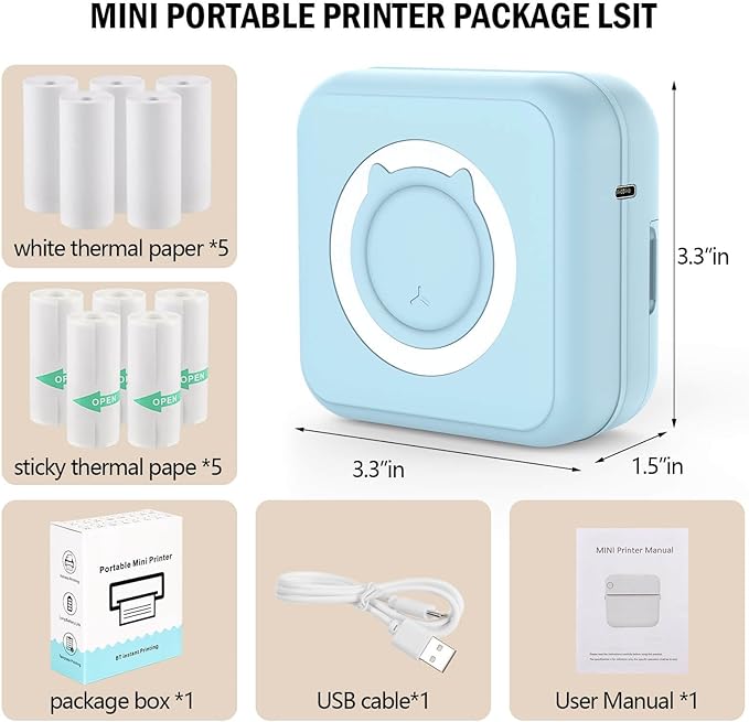 Mini Blue-Tooth Printer, Wireless Sticker Printer with 10 Rolls Paper for iPhone/Android
