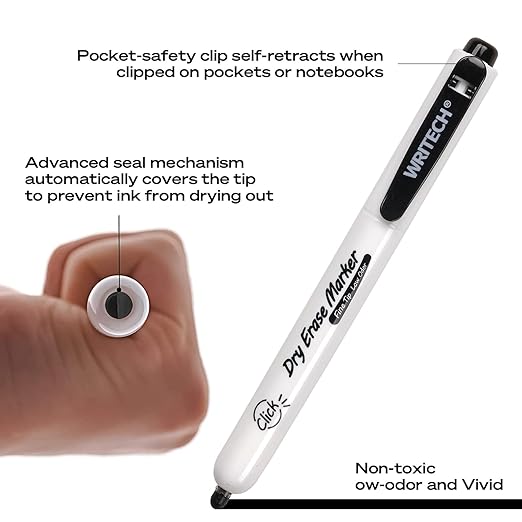 WRITECH Retractable Dry Erase Markers: Fine Point Clickable Black Colored Ink Marker Low Odor Erasable Thin Tip Refillable Whiteboard Marker Pen Set 12ct No Bleed Smear