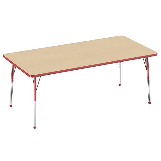 FDP Rectangle Activity School and Office Table (36 x 72 inch), Standard Legs with Ball Glides, Adjustable Height 19-30 inches - Maple Top and Red Edge
