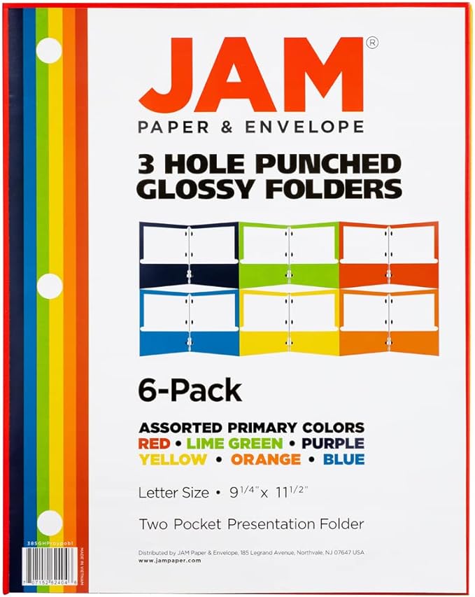 JAM PAPER Laminated Two Pocket Glossy 3 Hole Punch School Folders - Letter Size - High Gloss Assorted Primary Colors - 6/Pack
