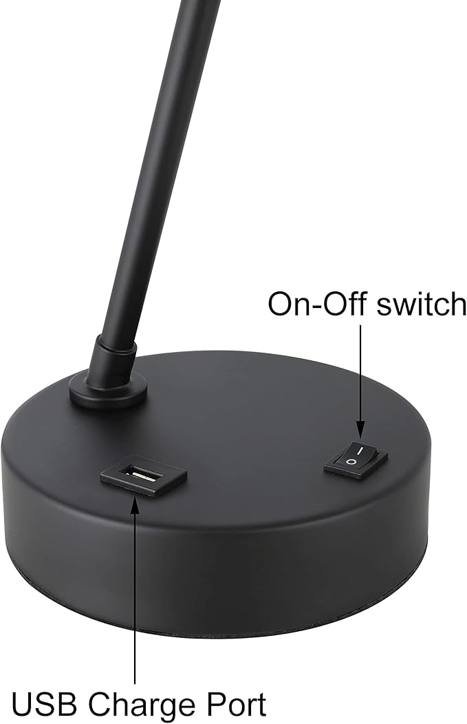 XiNBEi Lighting Black Desk Lamp, Nightstand Lights with USB Port Industrial Adjustable Shaded Table Lamps for Living Room Bedroom Reading Office XB-TL282-MB