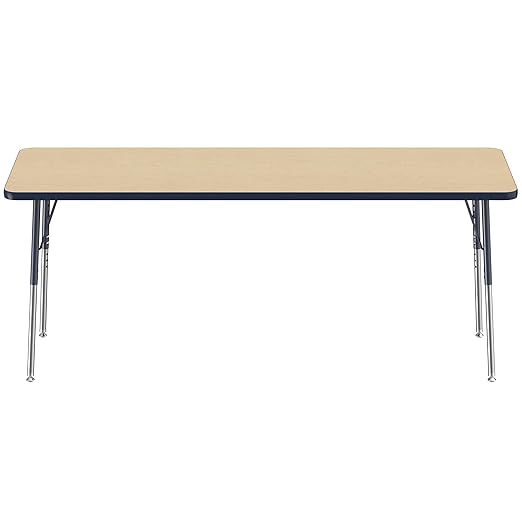 Factory Direct Partners FDP Rectangle Activity School and Office Table (24 x 72 inch), Standard Legs with Swivel Glides, Adjustable Height 19-30 inches - Maple Top and Navy Edge