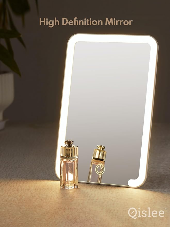 Qislee Magnetic Locker Mirror, 8 x 5 inches Travel Makeup Mirror with Light and Foldable Stand, 3 Color Modes Touch Dimming, Perfect Travel Accessory, White