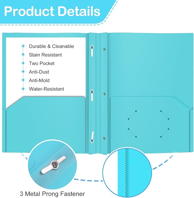 Heavy Duty Plastic Folder, 60 Pack, Pocket Folder with brads, Letter Size Poly File, Plastic Folders with 3 Prongs Fasteners - Assorted Color