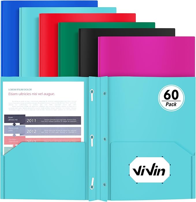 Heavy Duty Plastic Folder, 60 Pack, Pocket Folder with brads, Letter Size Poly File, Plastic Folders with 3 Prongs Fasteners - Assorted Color