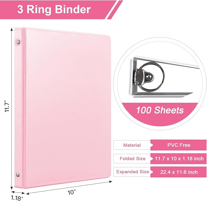 0.5-inch 3-Ring Binder with 2 Interior Pockets, 0.5'' Basic Binders Holds US Letter Size 8.5'' x 11''for Office/Home/Back to School, 6 Pack (Pink)